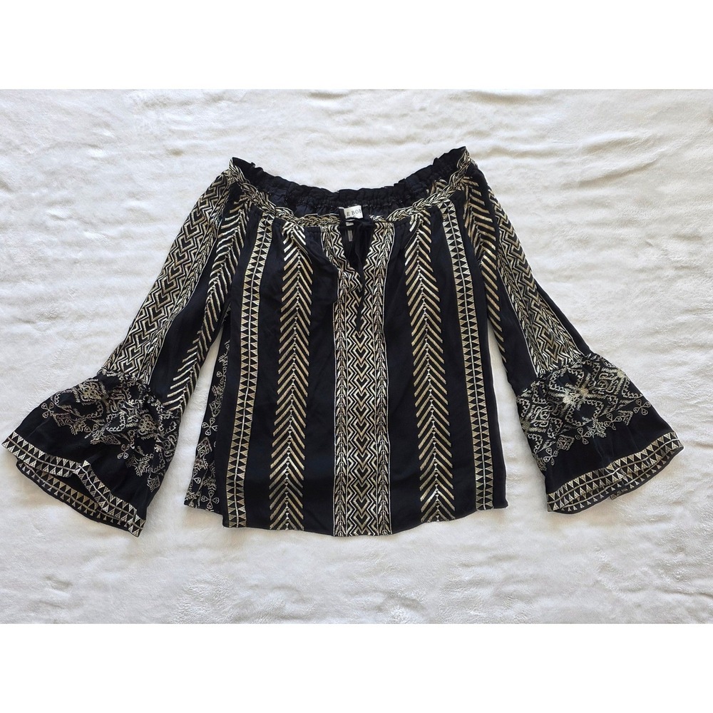 HALEBOB Black Gold Embroidered Bell Sleeve Off Shoulder Top Size S Boho